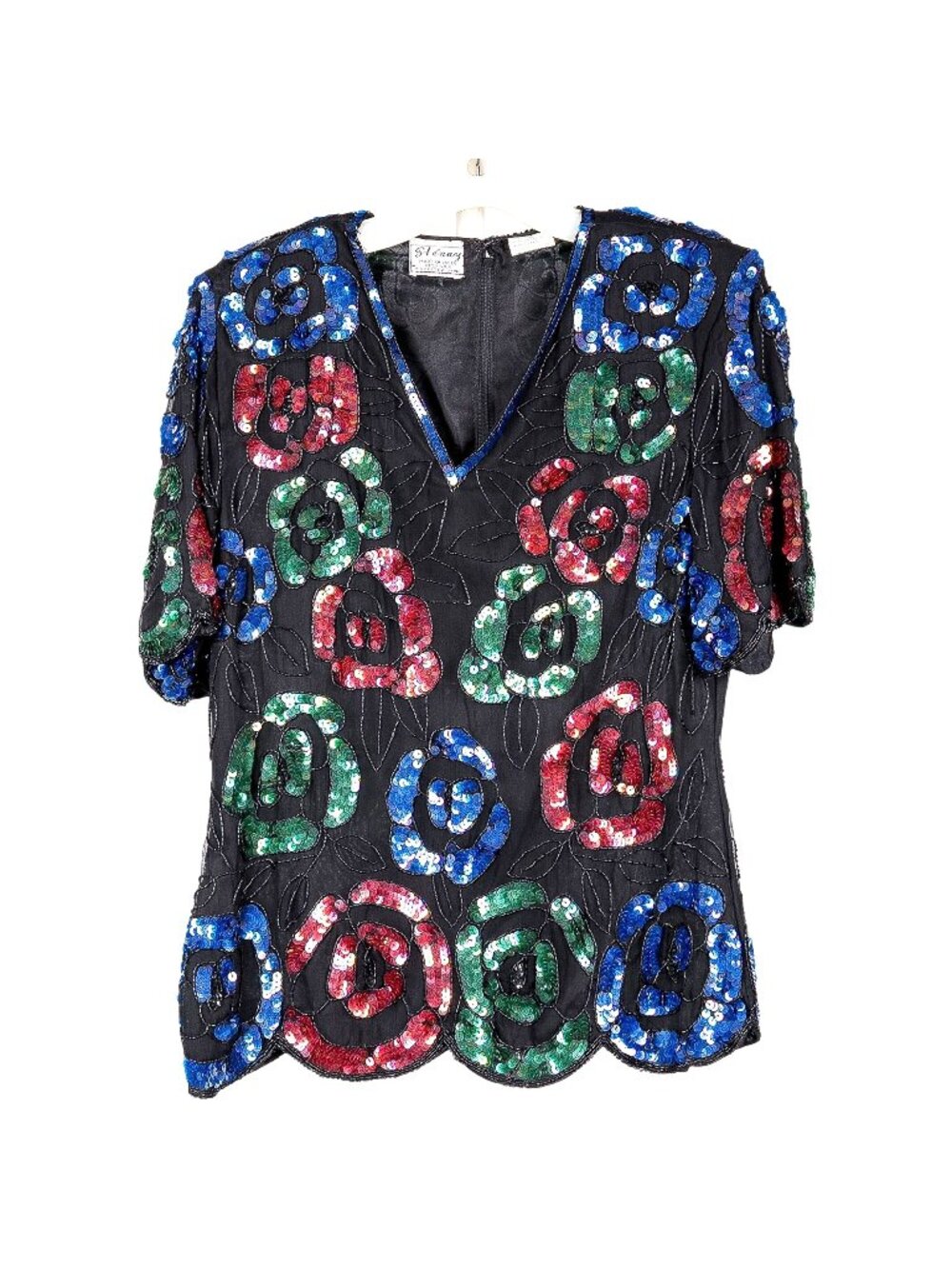 Stenay 90s Sequin Blouse M Eveningwear Y2K Rose Swirl Beaded VNeck Silk Party
